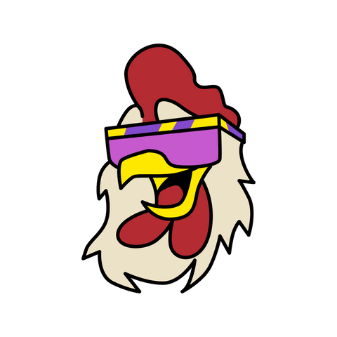 A rather handsome and thick feathered chicken with big sunglasses and a wide open mouth smile.