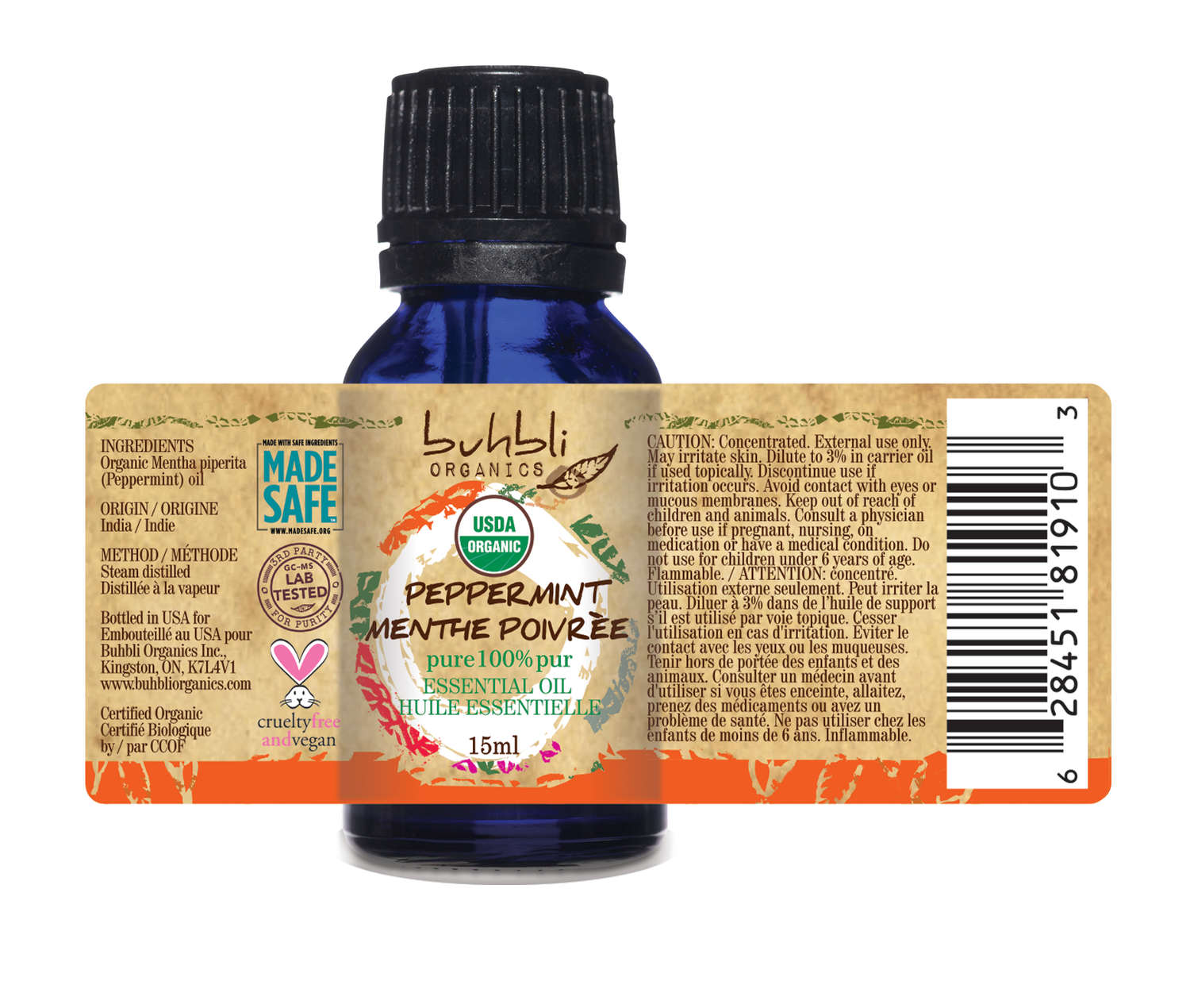 Organic Peppermint Essential Oil 15ml Buhbli Organics 8683