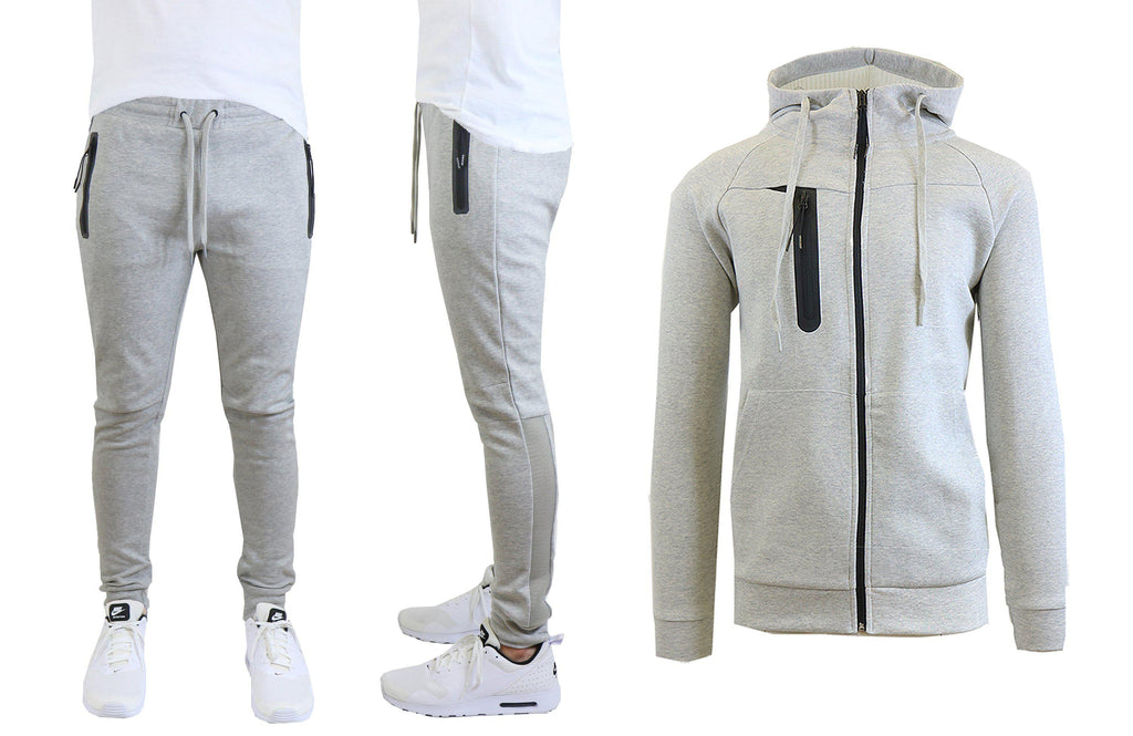 Men's Tech Fleece Hoodie and Jogger Set With Zipper Pockets and Mesh T