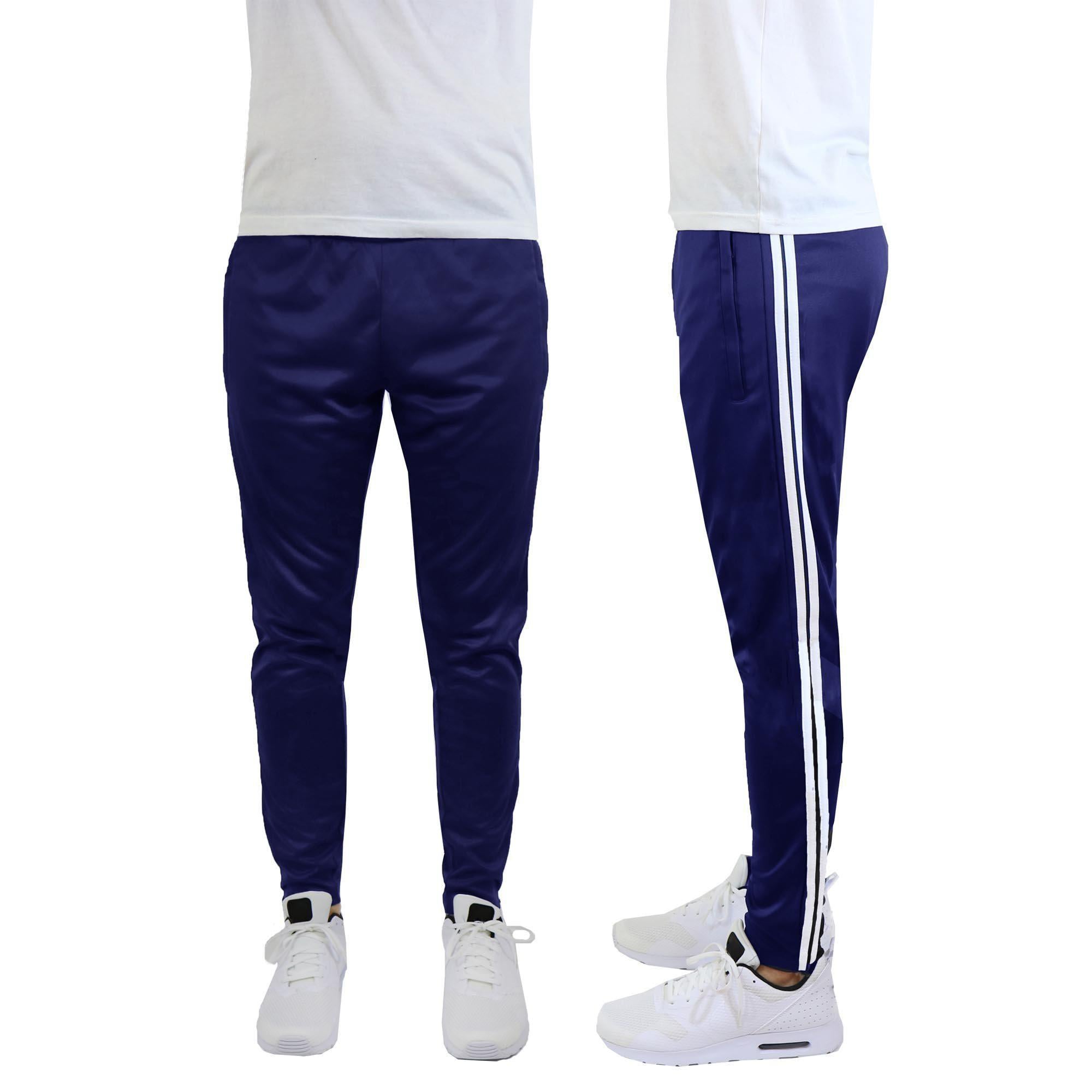 navy blue joggers with white stripe