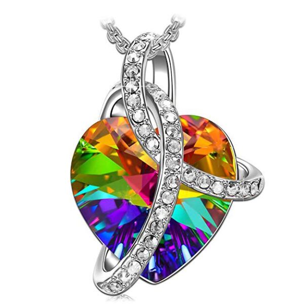 Changing Rainbow Swarovski Crystal Pave Twist Heart Necklace 18k Whi