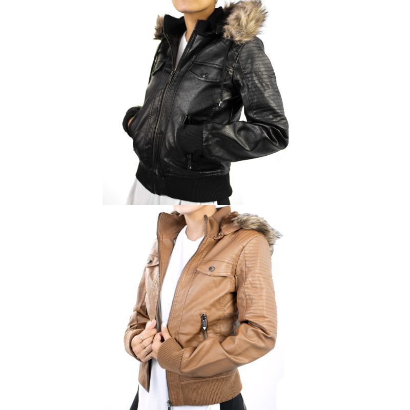 jaqueta de couro sintetico com capuz feminina