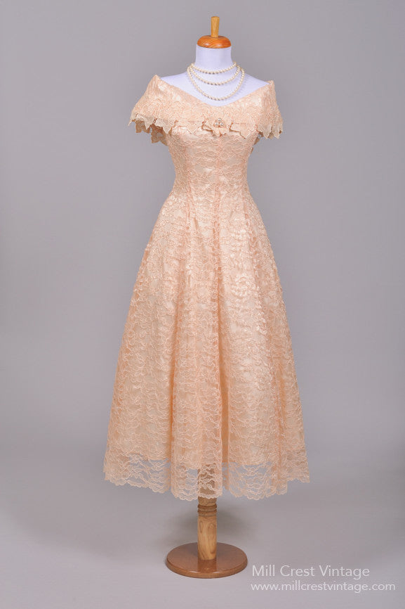 1970 Peach  Lace Vintage  Wedding  Dress 
