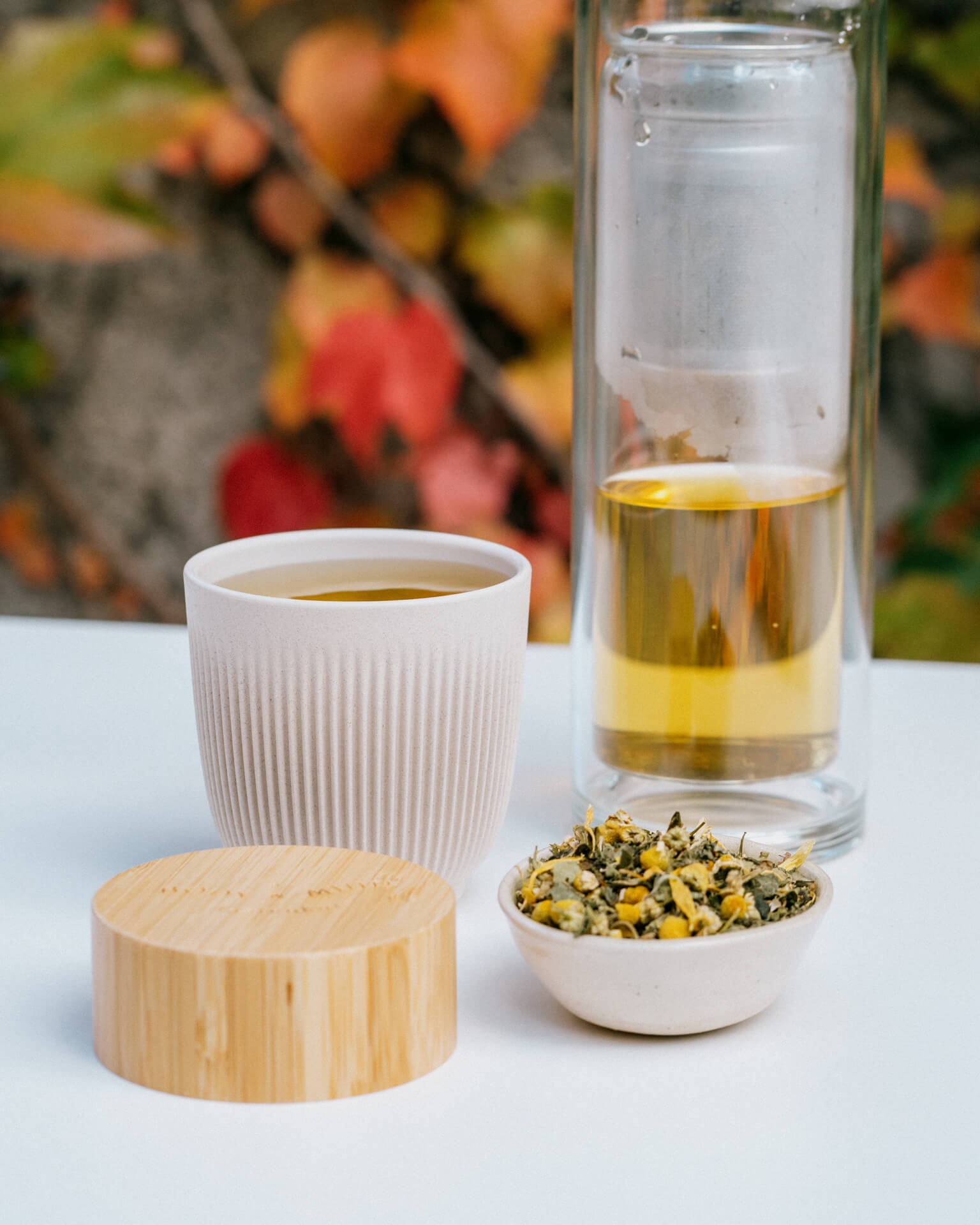 Tea set with organic tea and glass bottle