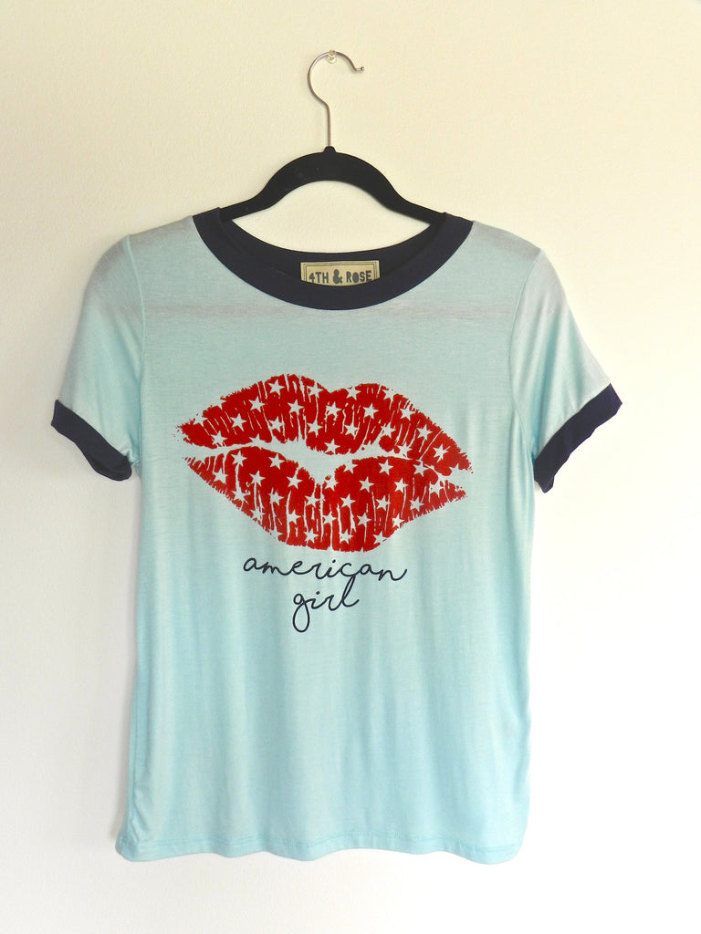 American Girl Lips Vintage Light Blue Ringer Tee by 4th & Rose