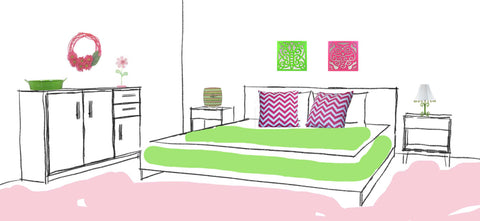 Pink-green feminine bedroom decor for home or dorm room from Cool Rooms Home Decor