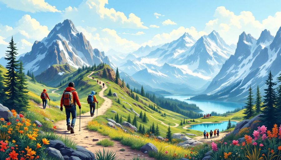 A scenic view of outdoor activities such as hiking and mountain biking, emphasizing the beauty of nature.