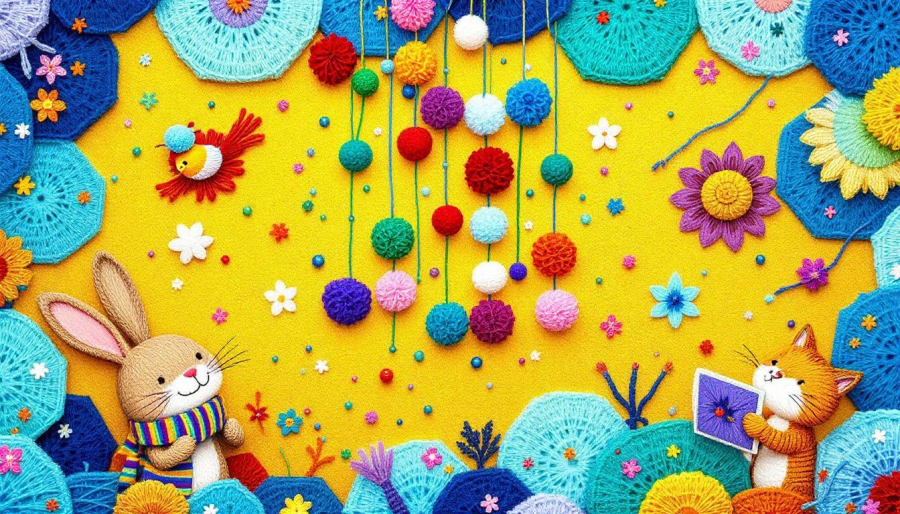A colorful yarn wall hanging showcasing various textures and patterns.