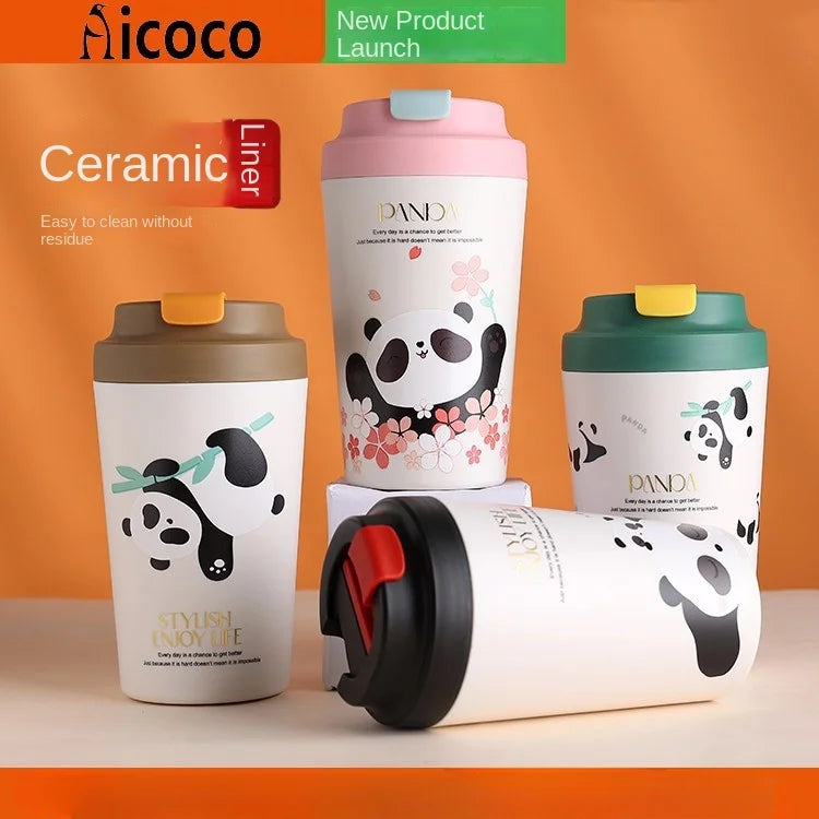 Panda coffee cup with real ceramic liner is high in value, simple and cute, cartoon mug, girl bone China water cup, man.