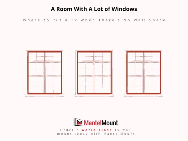 Line drawing of three windows evenly spaced horizontally and text that reads "where to put a tv in a room with a lot of windows".