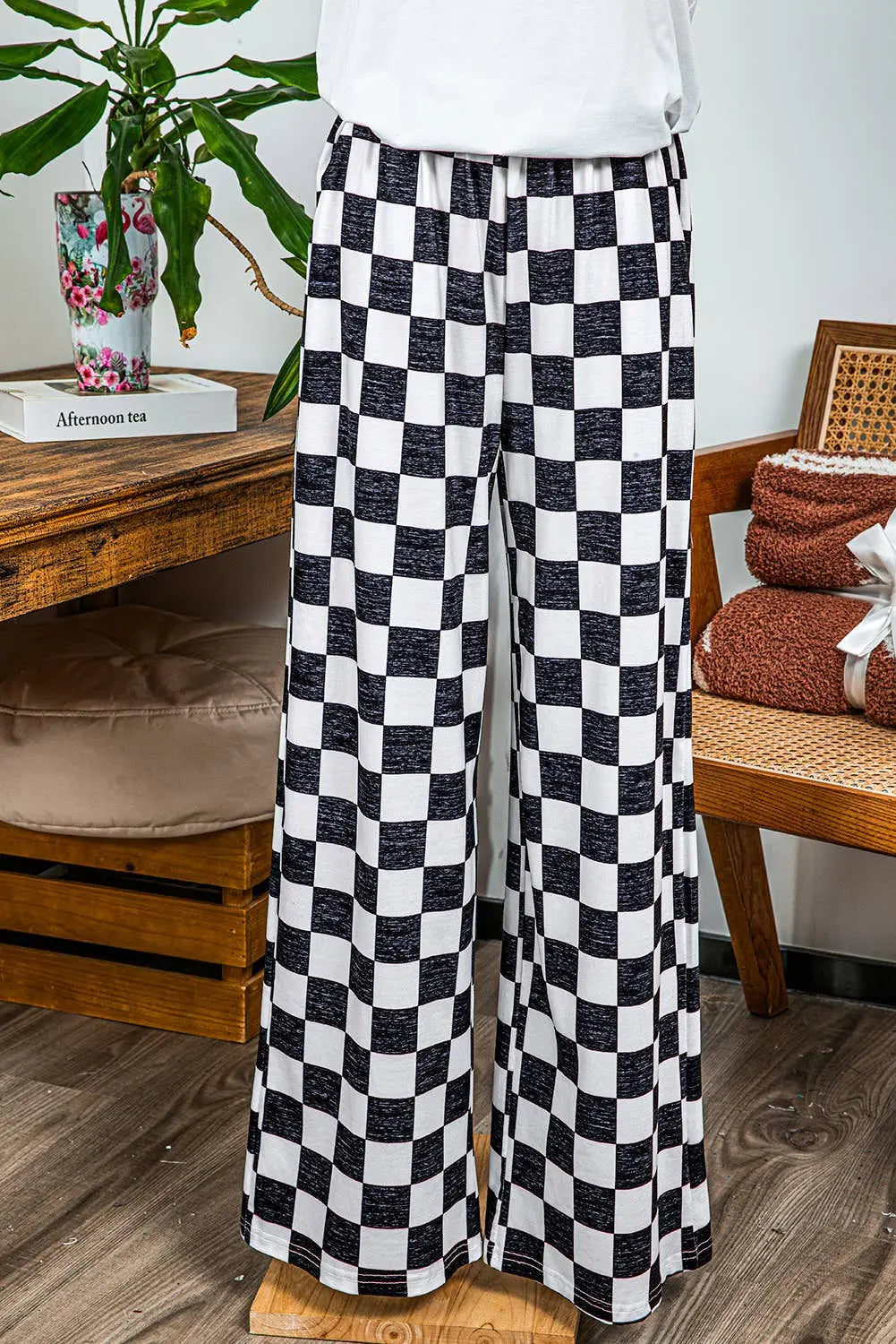 Checked Print High Waist Wide Leg Pants