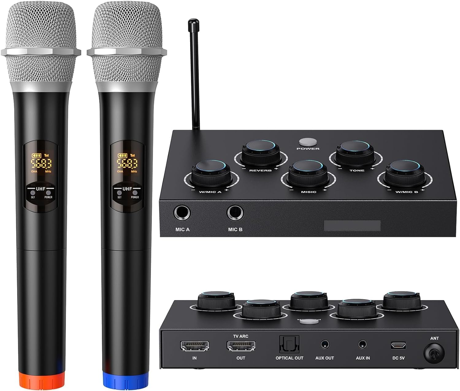Portable Karaoke Microphone Mixer System Set, with Dual UHF Wireless Mic, HDMI-ARC/Optical/AUX & HDMI In/Out in Singing Receiver for Smart TV, PC, KTV, Home Theater, Amplifier, Speaker