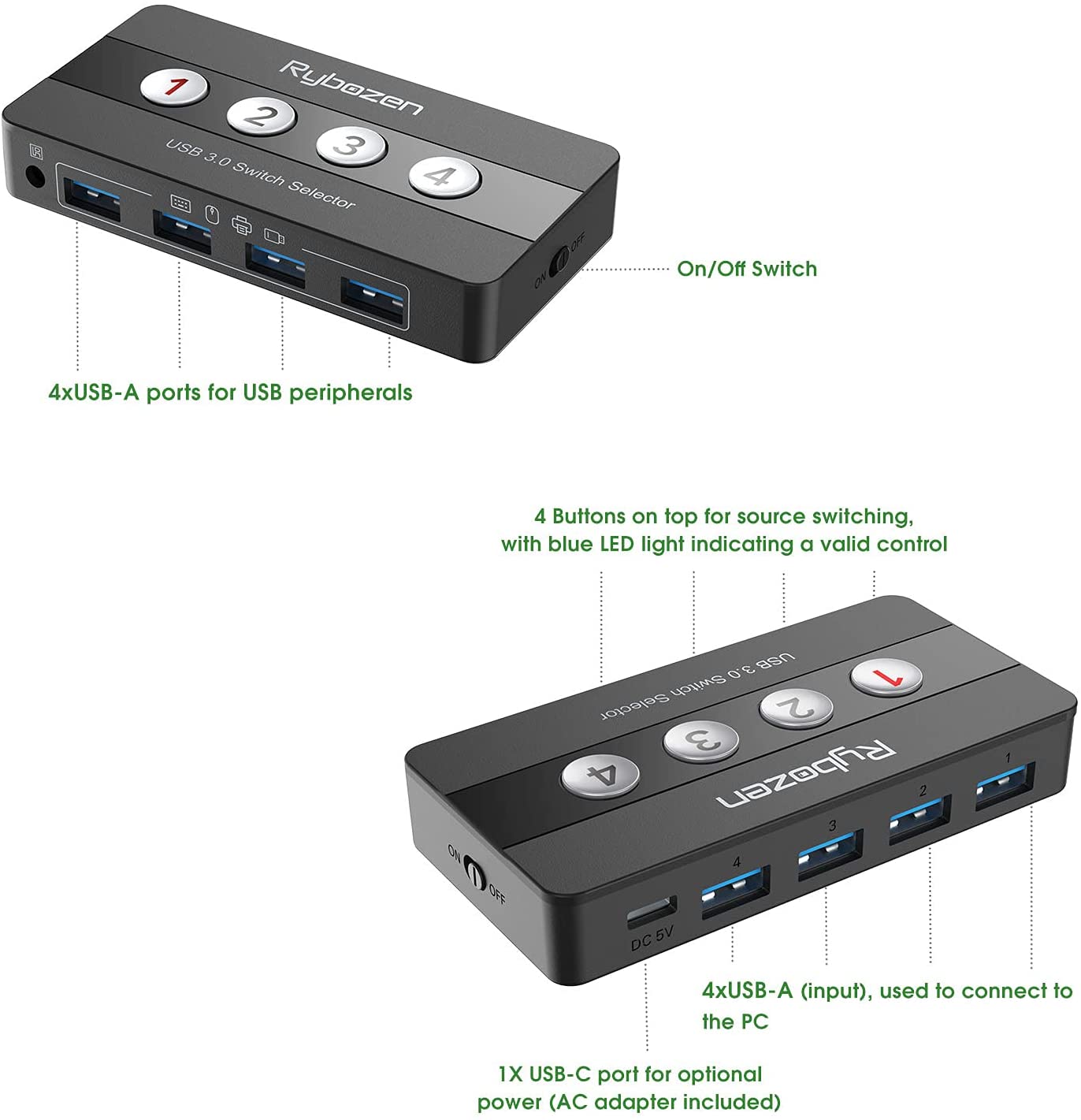 Rybozen USB 3.0 Switch Selector, 4 Port KVM USB Peripheral Swit