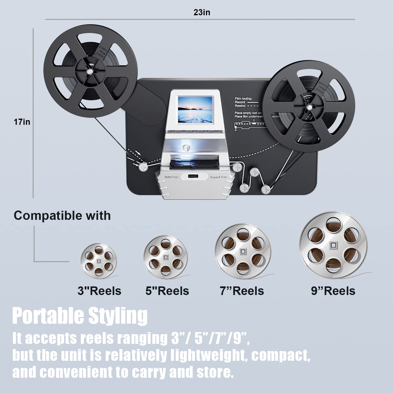 8mm & Super 8 Reels to Digital Film Scanner (Convert 3” 4” 5” 7” Re