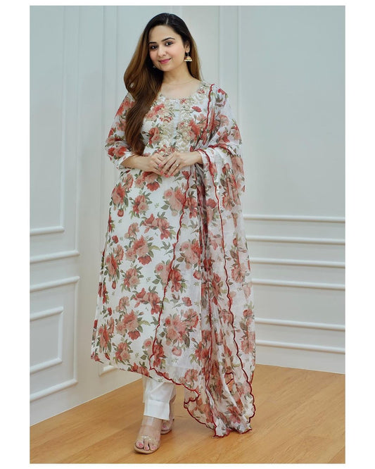 Chanderi suit Pent with organza digital print dupatta – Gulabi Silk