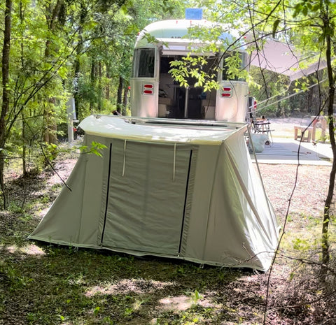 Tent set up in yard.