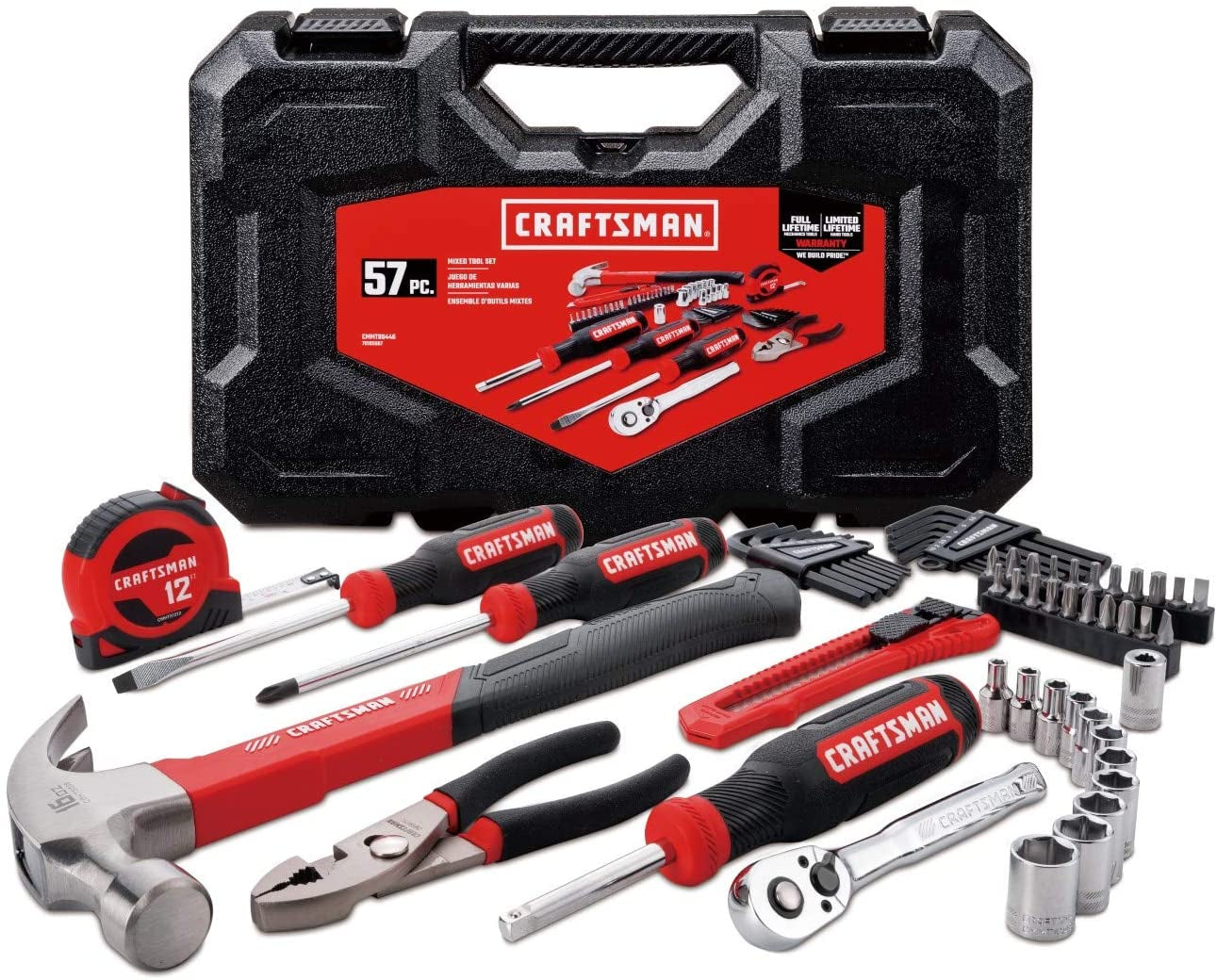 Home Tool Kit / Mechanics Tool Set, 57-Piece, Hammer, Screwdrivers, Drill Bits, Sockets, Ratchet, Hex Keys, Tape Measure, Pliers and More (CMMT99446)