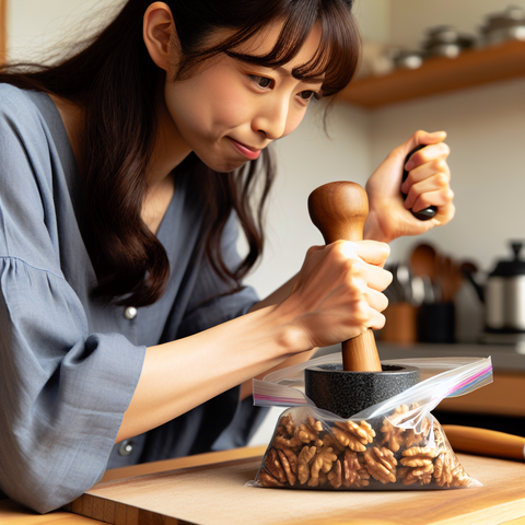 くるみをこん棒ですり潰す女性