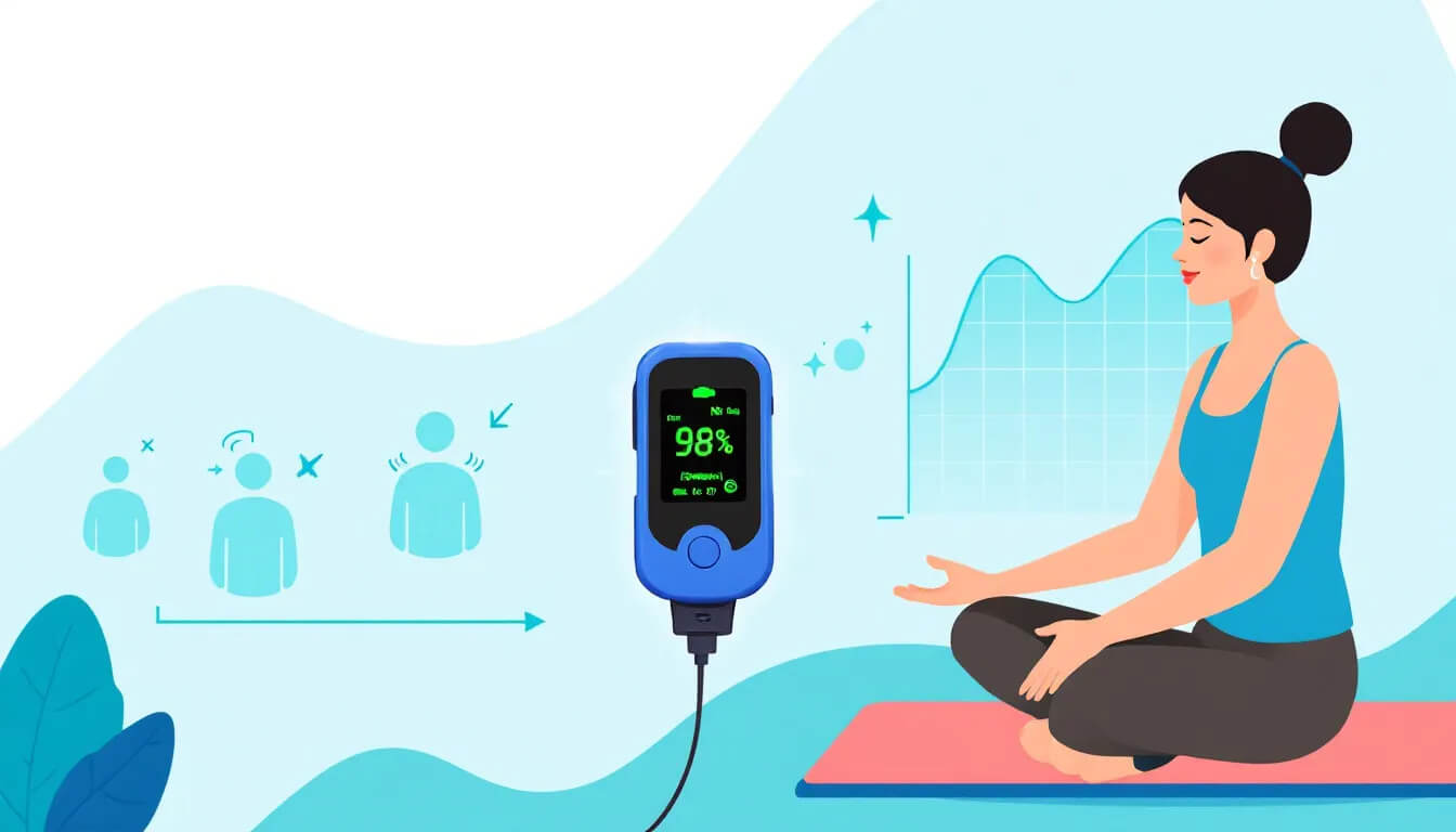 An image illustrating the monitoring of oxygen levels during stress, featuring a pulse oximeter and breathing exercises.