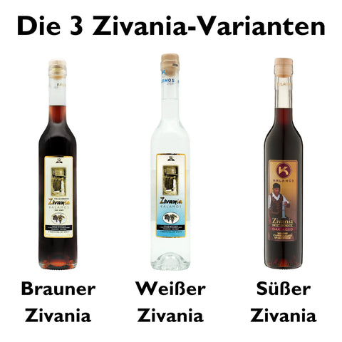 3 Zivania Variationen - weißer farbloser Zviania, brauner Zivania und süßer brauner Zivania