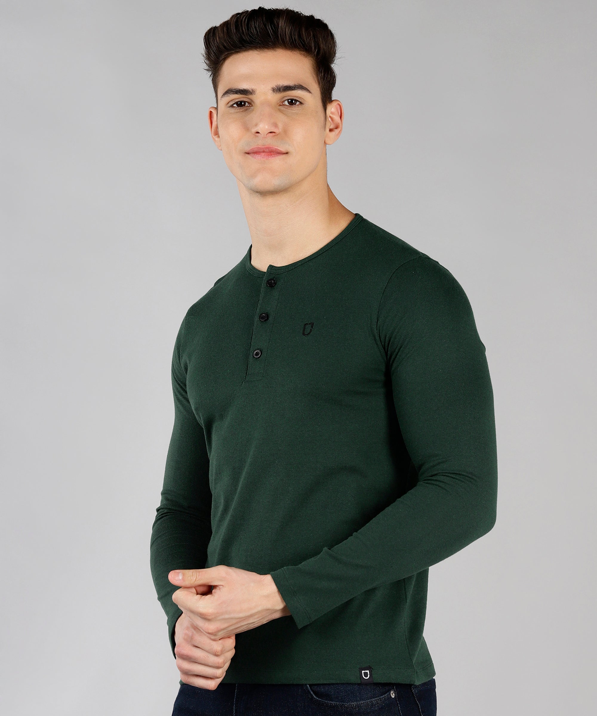 Men's Bottle Green Solid Henley Neck Slim Fit Full Sleeve Cotton T-Shirt