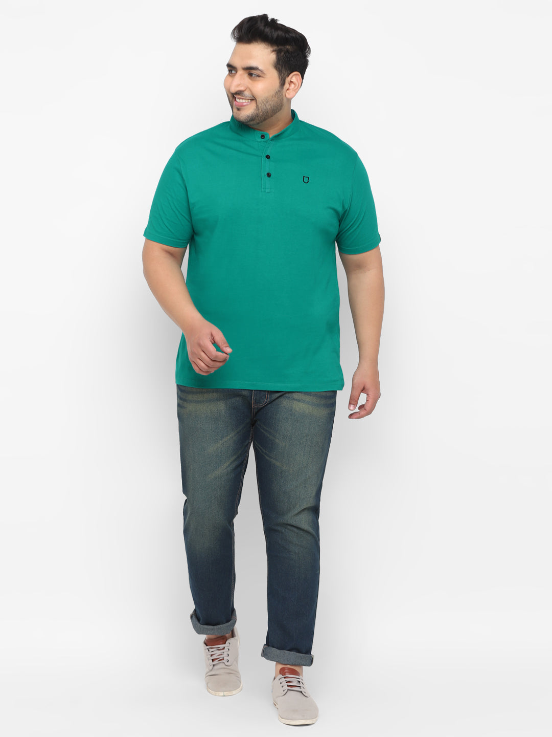 Plus Men's Teal Green Solid Mandarin Collar Regular Fit Cotton T-Shirt