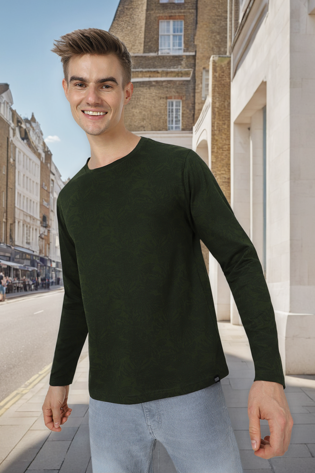 Men's Olive Green Printed Full Sleeve Slim Fit Cotton T-Shirt