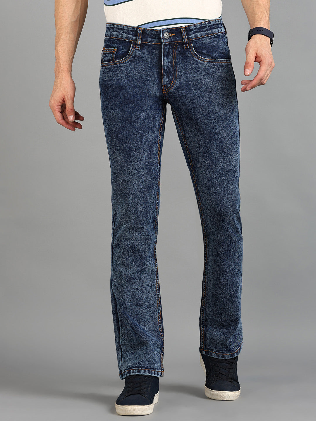 Men's Dark Blue Washed Bootcut Jeans Stretchable