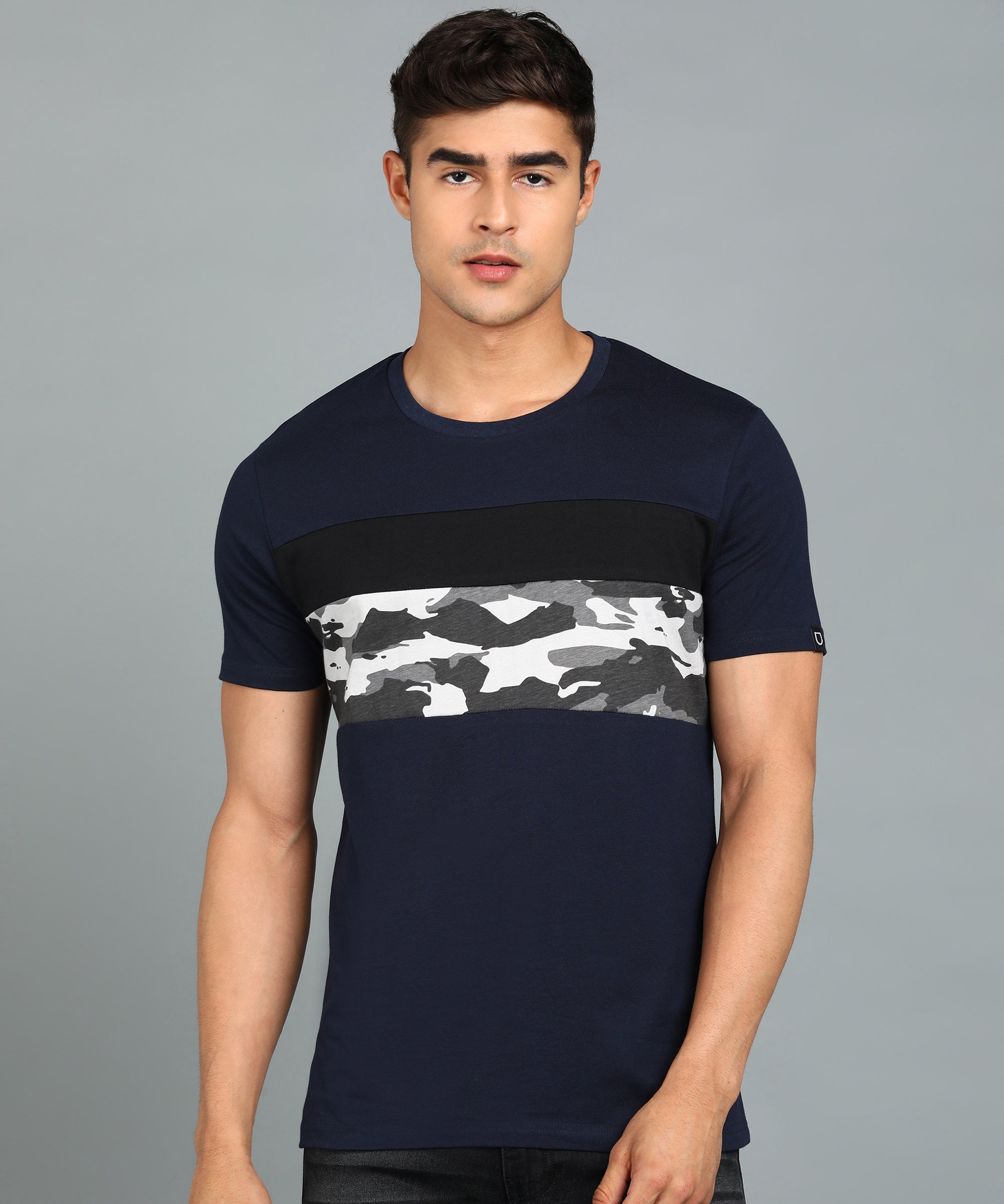 Urbano Fashion Men's Navy Blue Military Camouflage Printed Slim Fit Half Sleeve Cotton T-Shirt