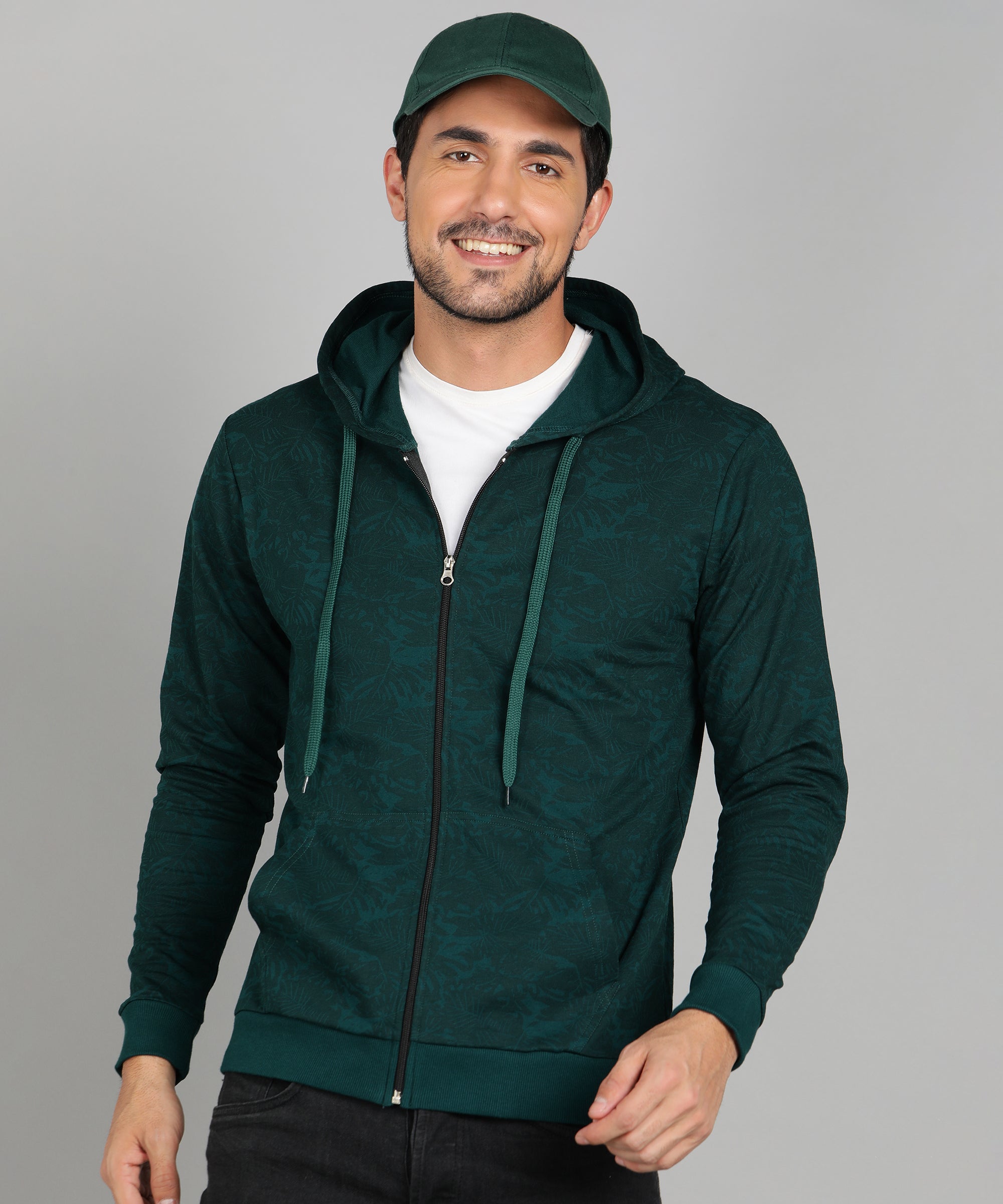 Men's Dark Green Regular Fit Printed Full Sleeve Winterwear Hooded Sweatshirt