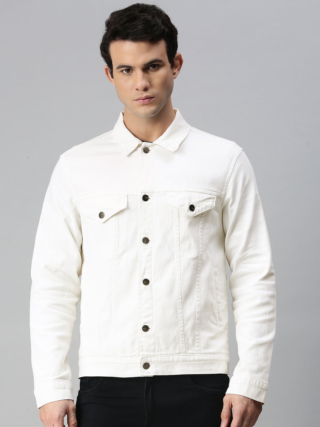 Men's White Regular Fit Washed Full Sleeve Denim Jacket