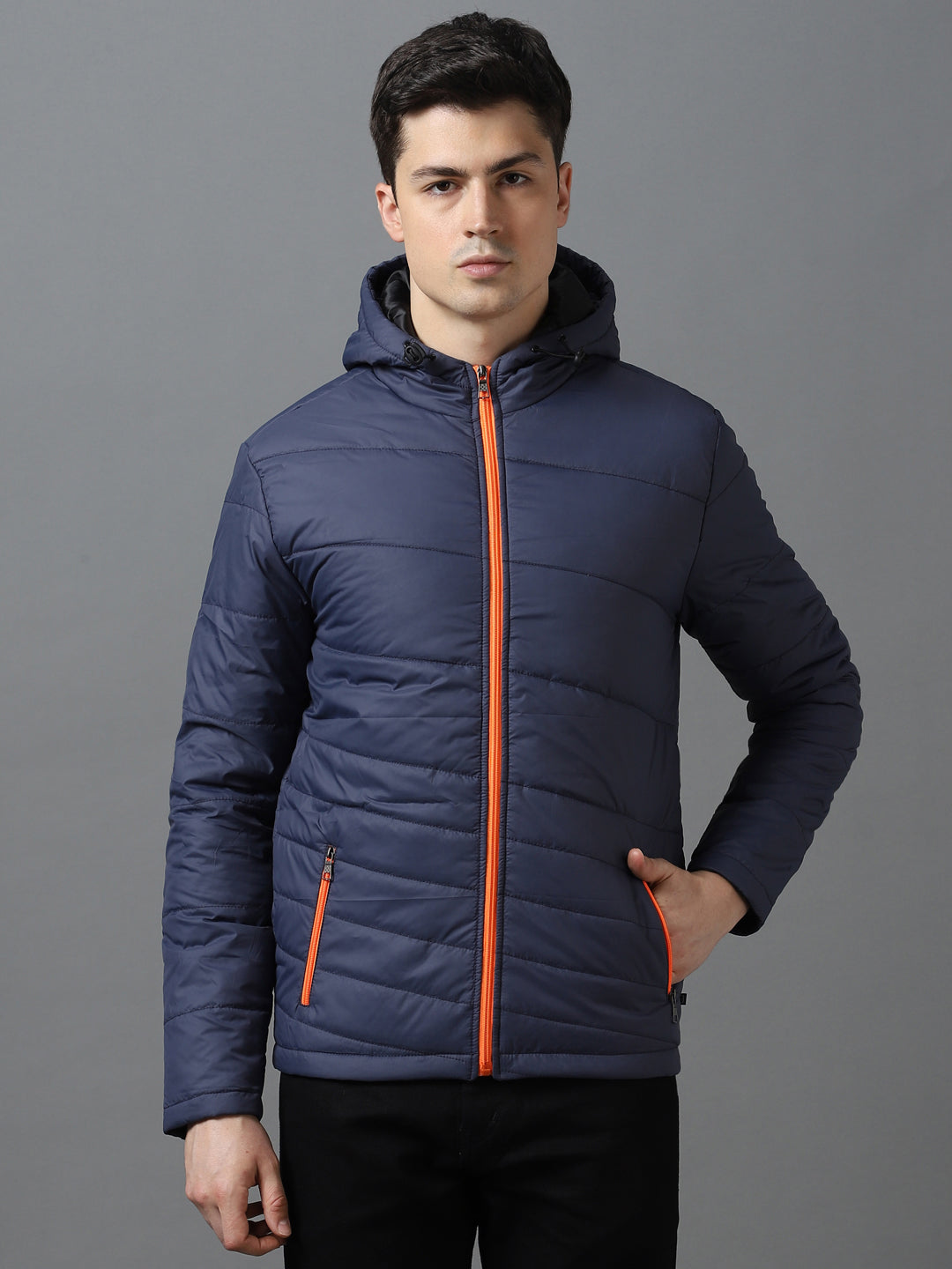 Men's Blue Full Sleeve Zippered Hooded Neck Puffer Jacket