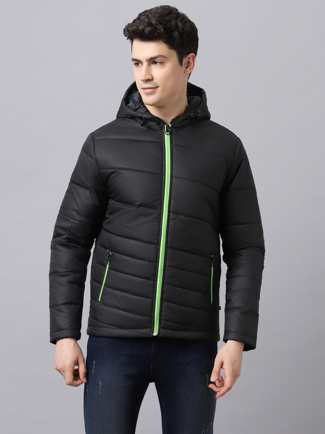 Men's Black Full Sleeve Zippered Hooded Neck Puffer Jacket