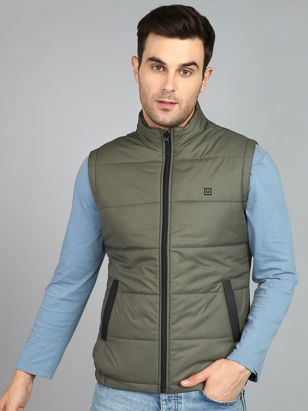 Men's Green Sleeveless Zippered Puffer Jacket