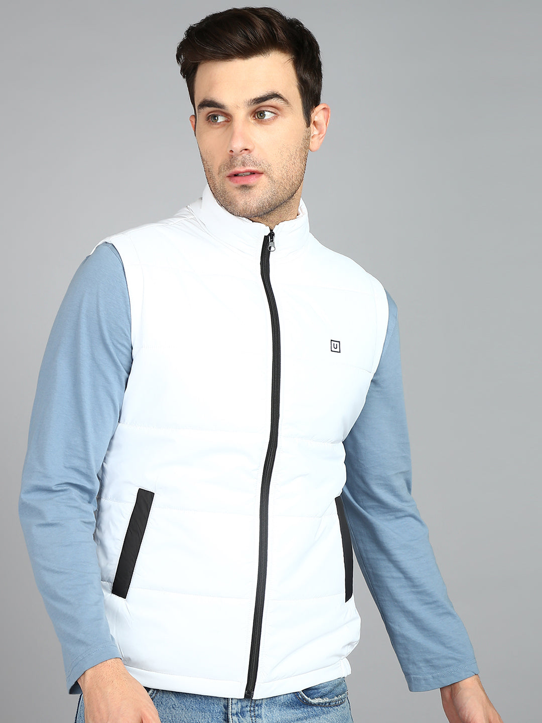 Men's White Sleeveless Zippered Puffer Jacket