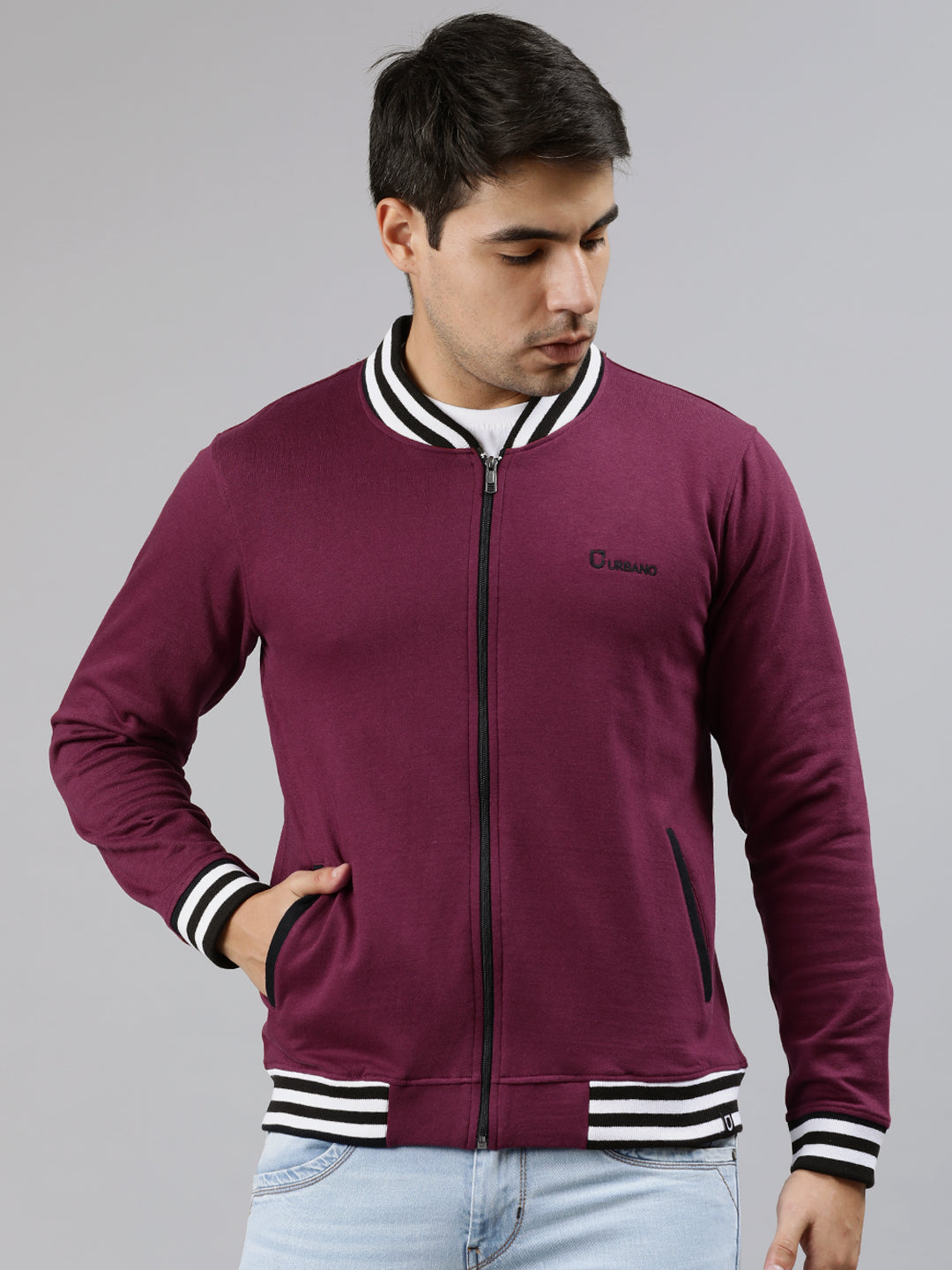 Men's Maroon Cotton Zippered Varsity Sweatshirt