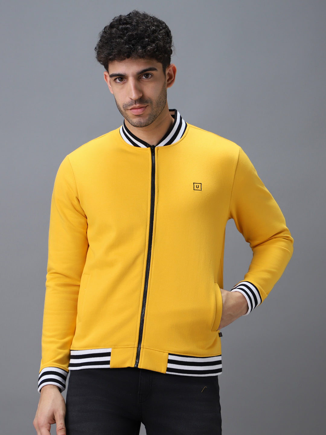 Men's Yellow Cotton Zippered Varsity Sweatshirt