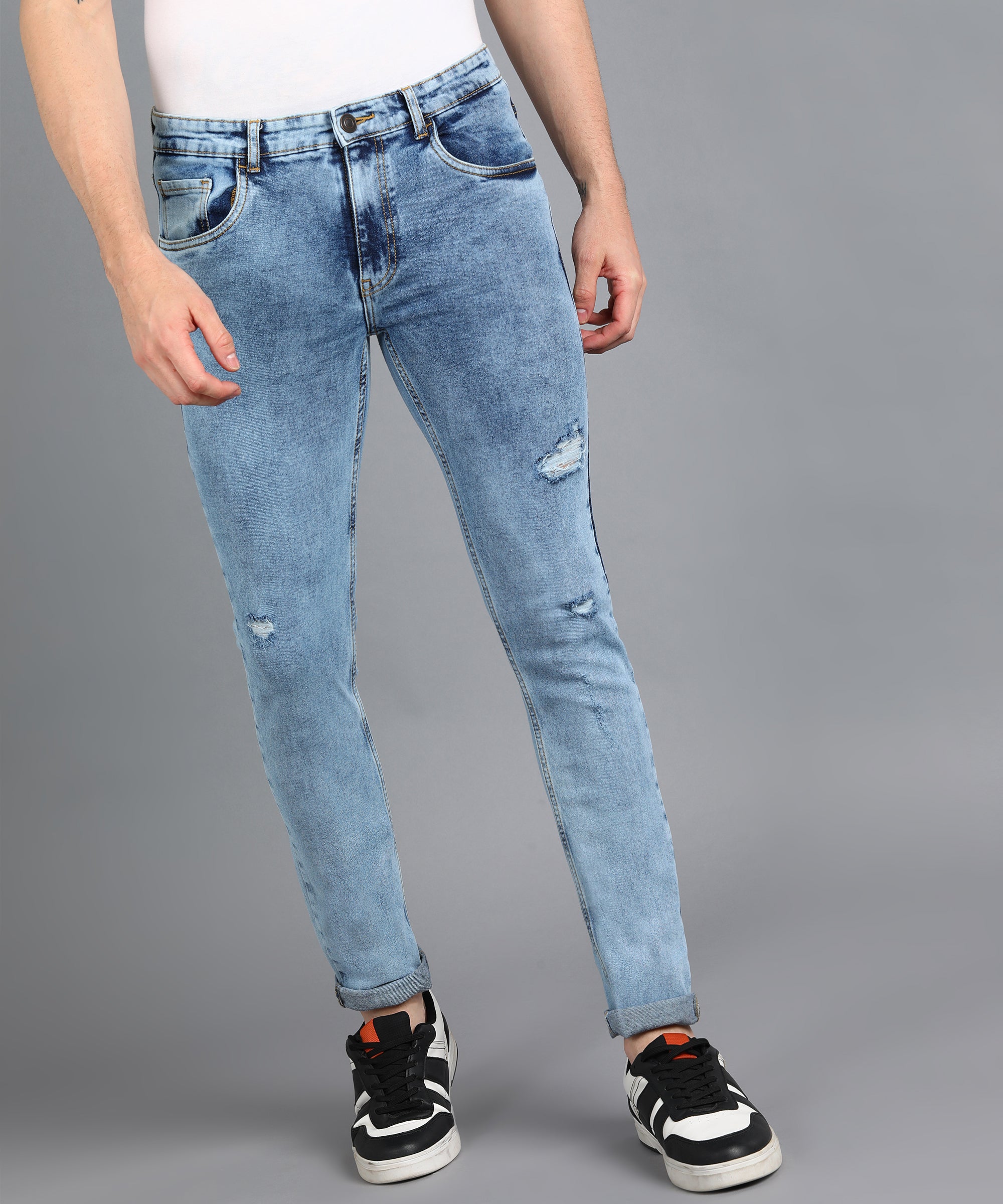 Men's Sky Blue Slim Fit Washed Mild Distressed/Torn Jeans Stretchable