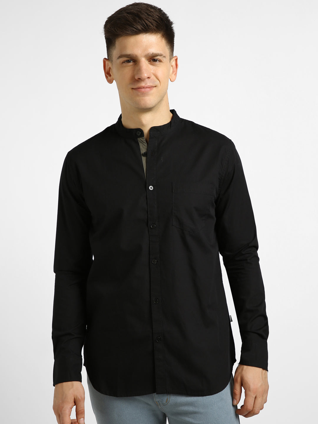 Men's Black Cotton Full Sleeve Slim Fit Solid Shirt with Mandarin Collar