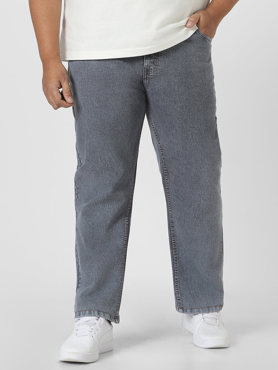 Plus Men's Grey Regular Fit Washed Jeans Stretchable