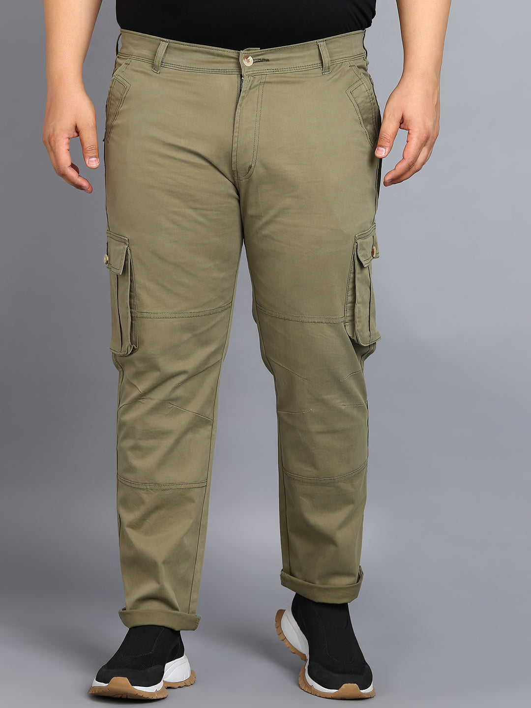 Plus Men's Olive Green Regular Fit Solid Cargo Chino Pant with 6 Pockets