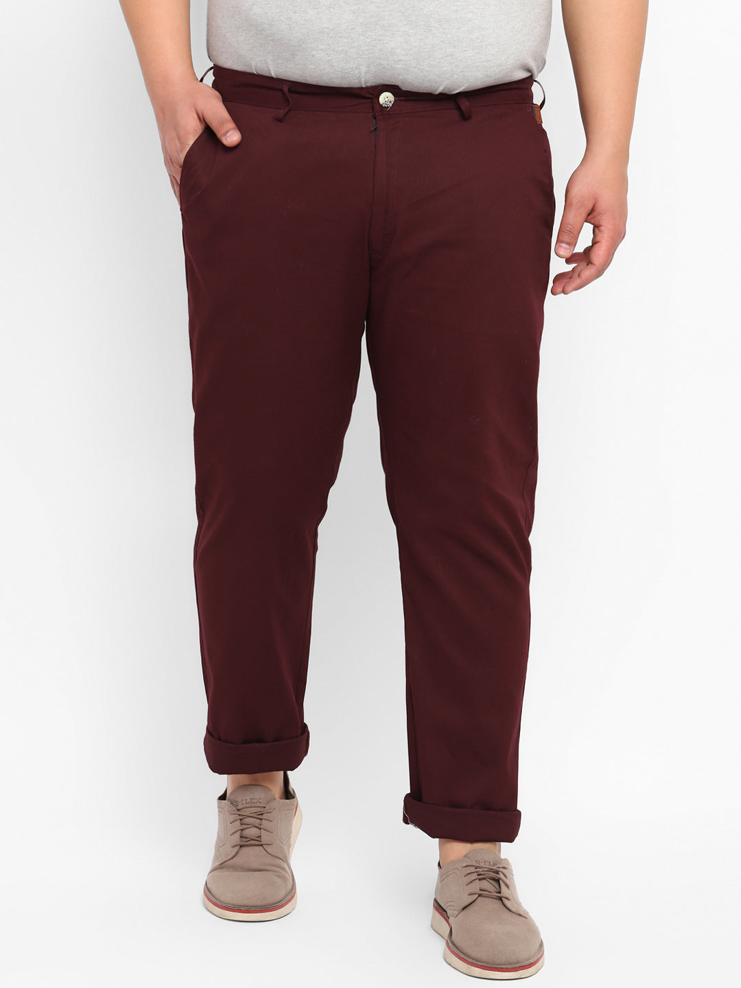 Plus Men's Maroon Cotton Light Weight Non-Stretch Regular Fit Casual Trousers