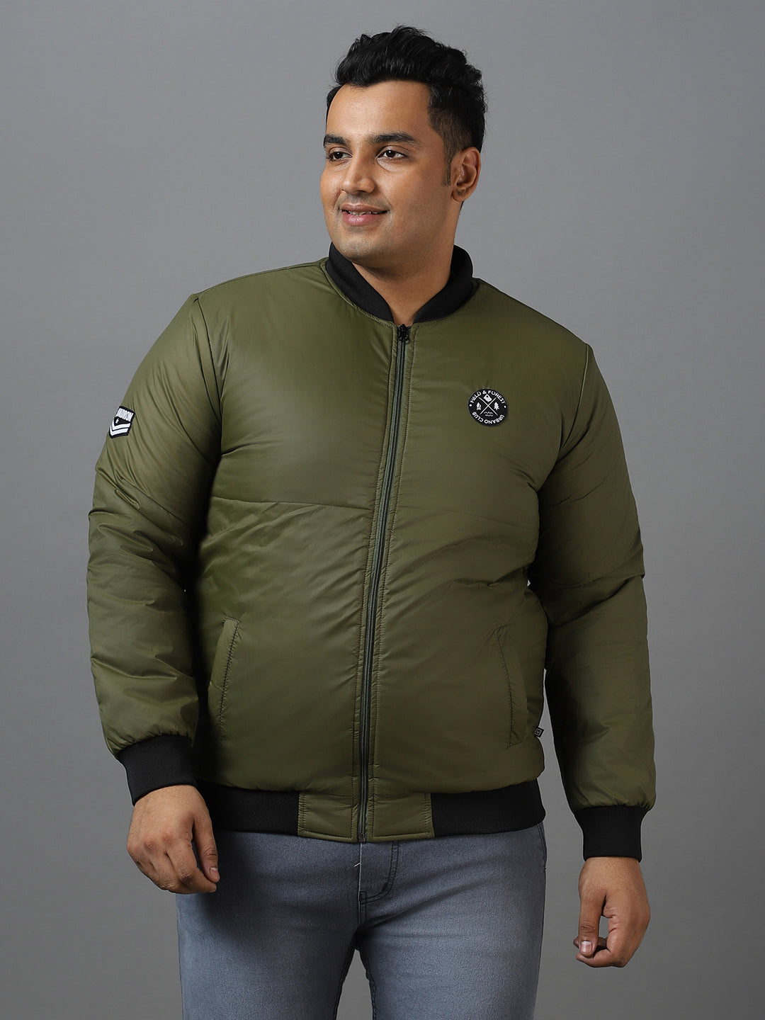 Plus Men's Green Full Sleeve Zippered Bomber Jacket