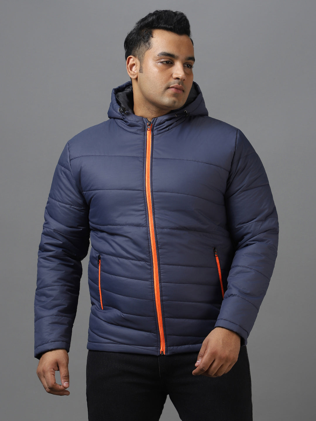 Plus Men's Blue Full Sleeve Zippered Hooded Neck Puffer Jacket