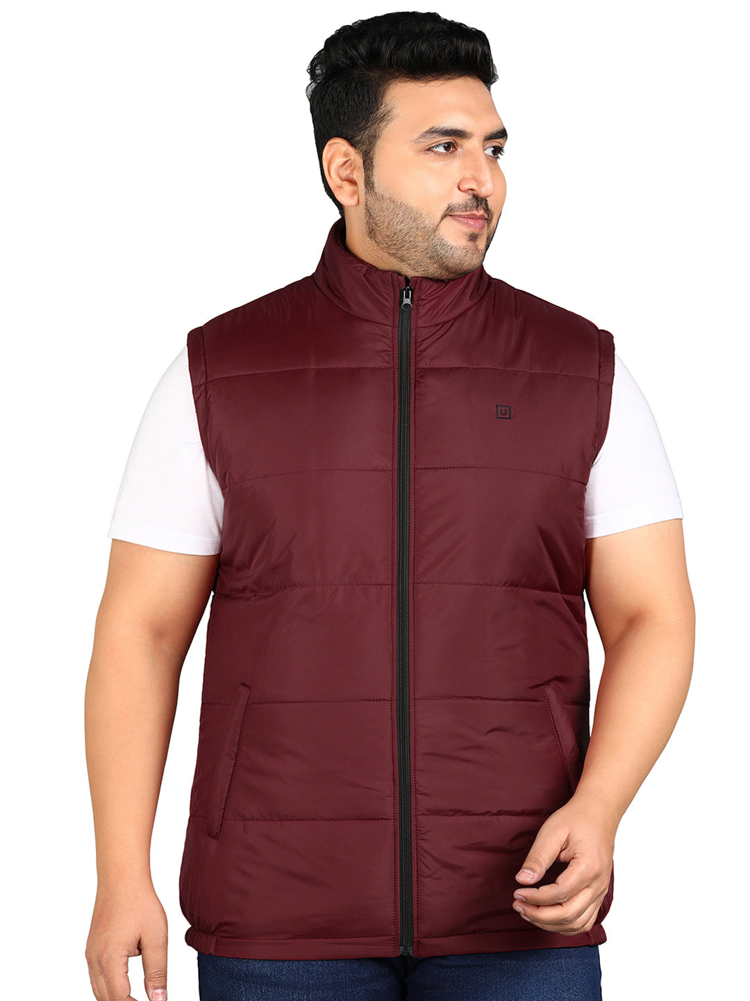 Plus Men's Red Sleeveless Zippered Puffer Jacket