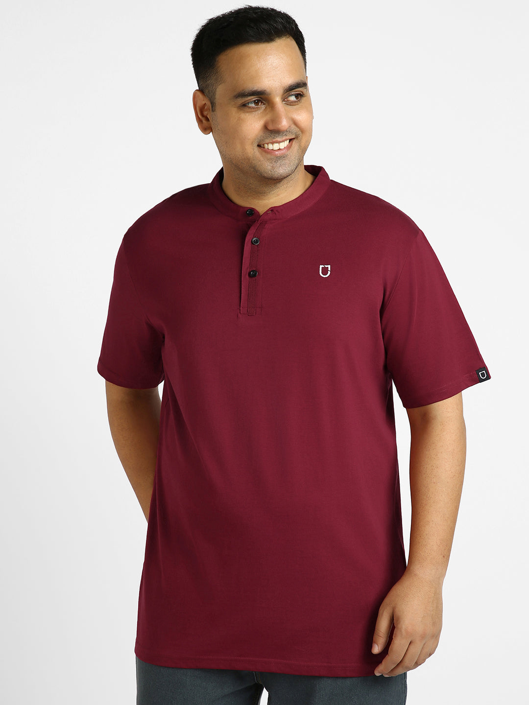 Plus Men's Maroon Solid Mandarin Collar Regular Fit Half Sleeve Cotton T-Shirt