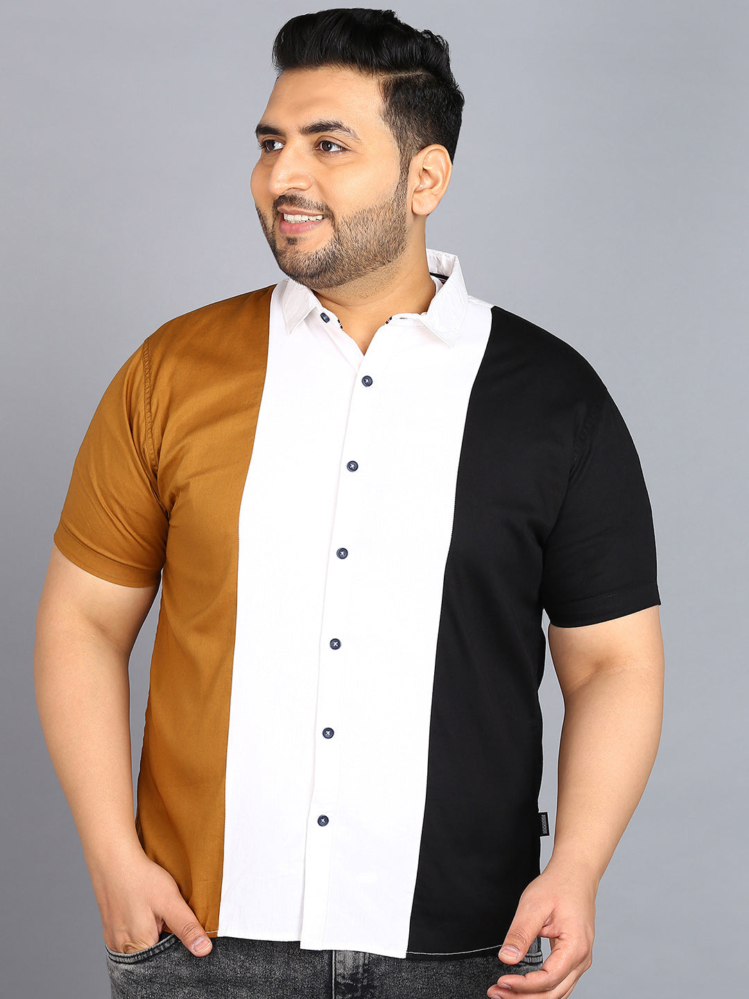 Plus Men's Beige, Off White, Black Cotton Half Sleeve Regular Fit Casual Colorblock Shirt