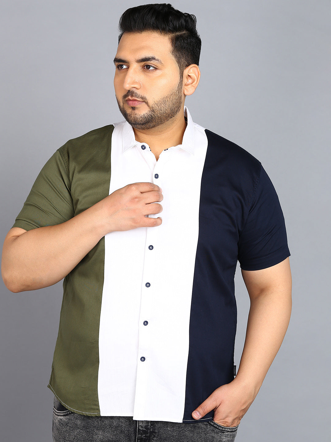 Plus Men's Blue, White, Green Cotton Half Sleeve Regular Fit Casual Colorblock Shirt