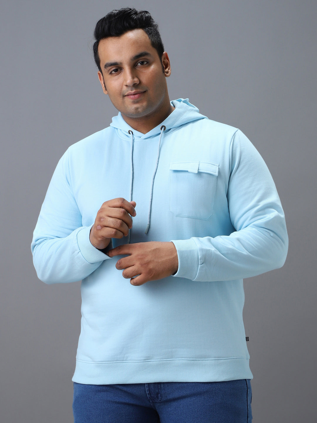 Plus Men's Blue Cotton Solid Hooded Neck Sweatshirt