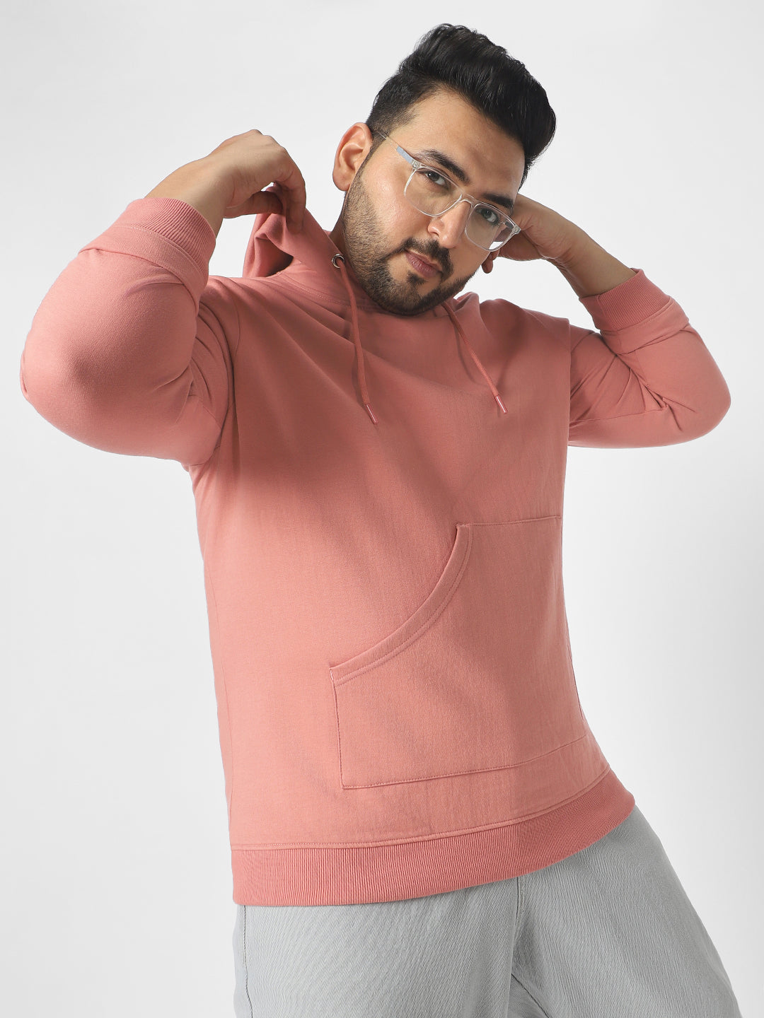 Plus Men's Pink Cotton Solid Hooded Neck Sweatshirt